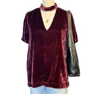 Madewell Burgundy Velvet Choker V-Neck Top Short Sleeve Wine Red Small Goth Luxe